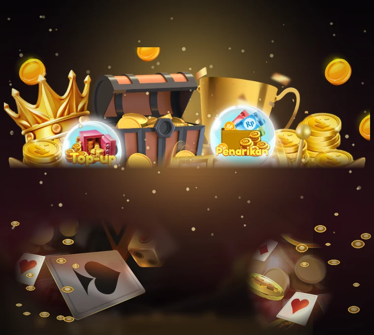 Artwork resmi pcpc7: mahkota emas, peti harta, piala, dan gelembung Top-up di atas meja kartu